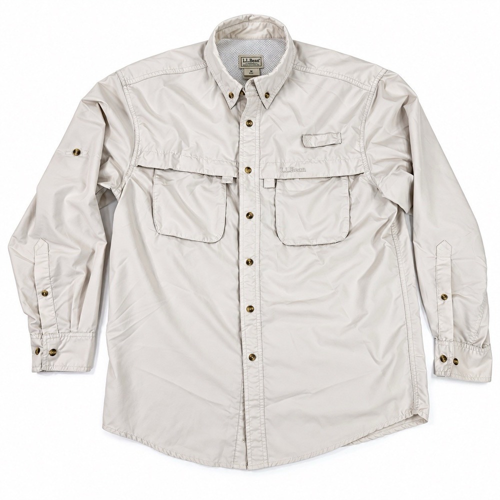 M LL Bean Button-Up Nylon Blend Fishing Shirt Khaki Tan Medium Mesh Vented EUC
